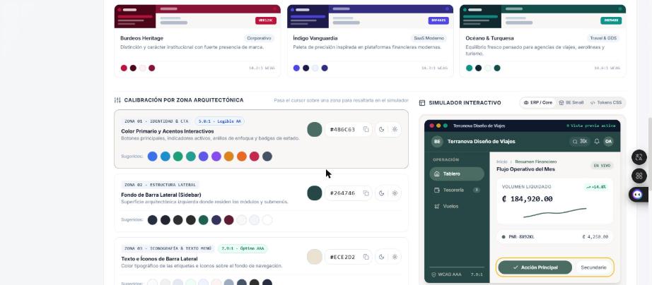 Paso 3 · Calibración por zona arquitectónica: los códigos se escriben en el cuadro de texto de cada zona. A la derecha, el simulador.